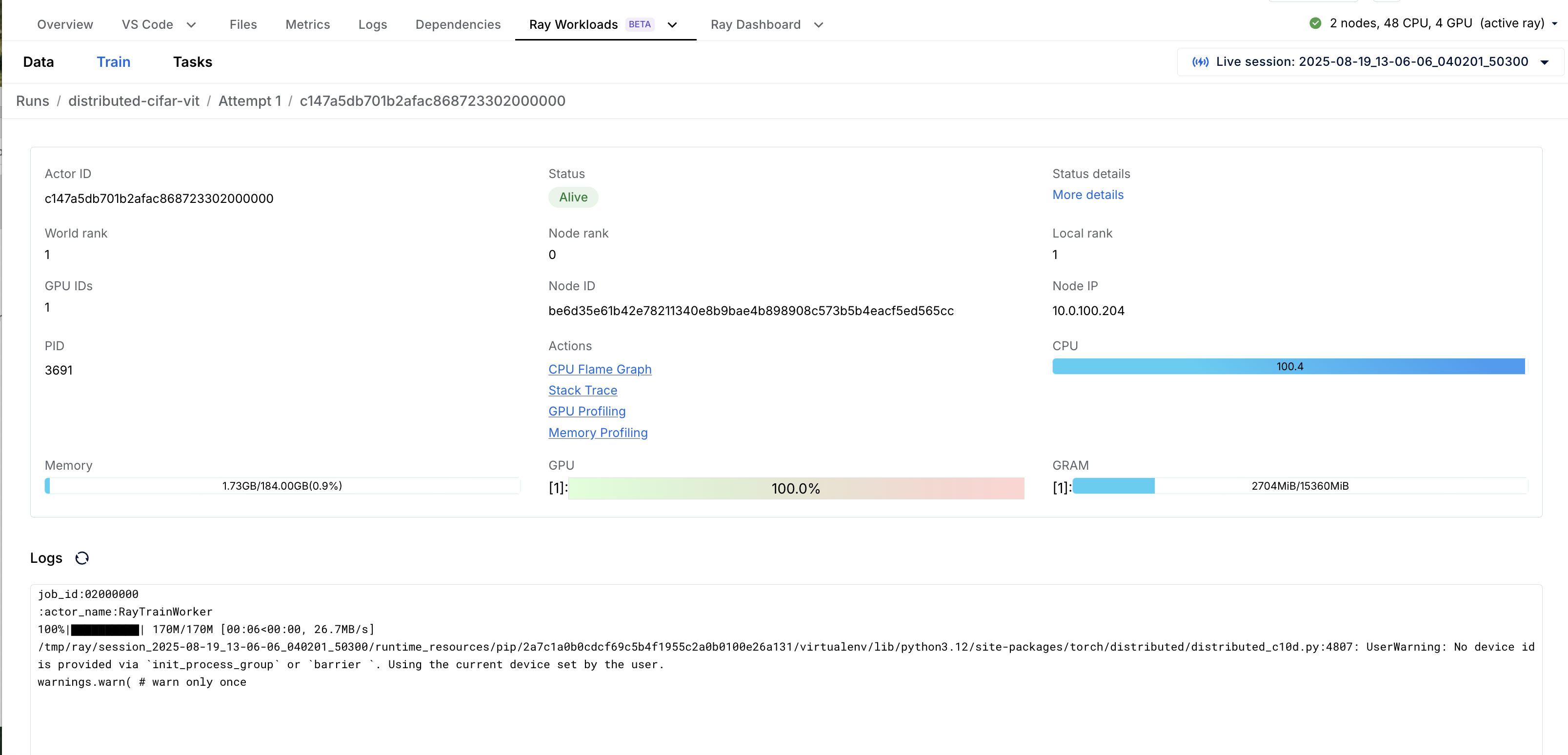 Ray Train dashboard showing training worker actor details and status
